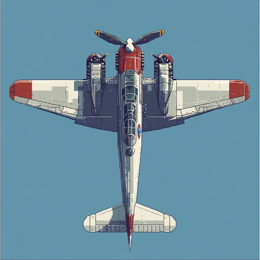 A pixel art illustration depicts a vintage aircraft viewed from directly above.  The plane is predominantly white and grey with red accents on the wings.  Twin radial engines are visible, along with a propeller. The design suggests a World War II-era bomber or attack aircraft.  The background is a solid, light blue.