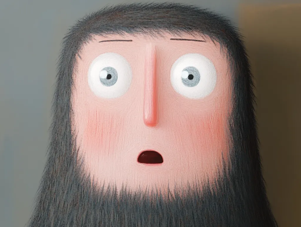 A stylized 3D rendering depicts a man's face with wide, surprised eyes and an open mouth.  His face is square-shaped with a prominent nose, and he has a thick, dark beard. The artistic style resembles a painting, with visible brushstrokes giving the image a textured appearance.  His expression conveys shock or astonishment.