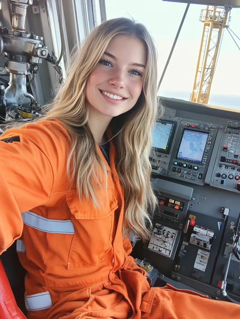 A young woman with long blonde hair smiles at the camera. She's wearing an orange work jumpsuit and is seated in the cockpit of a vehicle, possibly an offshore oil rig.  Control panels and screens are visible, showing maps and operational data.  A large yellow structure is seen through the window, indicating an industrial setting.  The overall impression is one of competence and a potentially demanding work environment.