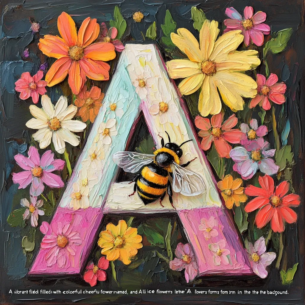A vibrant painting features a large, three-dimensional letter "A" crafted from colorful flowers.  The "A" is surrounded by more blossoms in varying shades and textures, creating a richly textured and colorful scene. A bee rests on the letter, adding a touch of whimsy to the overall composition. The background is dark, making the flowers pop.