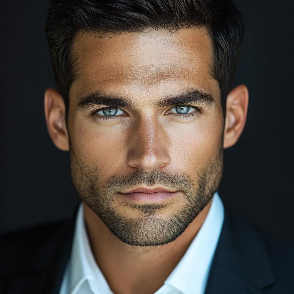 A close-up portrait of a man with dark hair and intense blue eyes.  He has a well-groomed beard and is wearing a crisp white shirt under a dark suit jacket. His expression is serious and direct, creating a strong and handsome image. The background is a simple dark backdrop that focuses attention on his features.