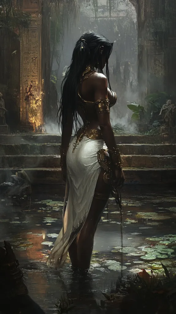 A dark-haired woman, adorned in a white, flowing gown and gold jewelry, stands in a murky pool of water.  Her back is to the viewer, her gaze directed towards a crumbling stone structure with hieroglyphs visible.  The setting is atmospheric and mysterious, suggesting a forgotten temple or ruin overgrown with lush vegetation. The overall mood is somber and evocative.