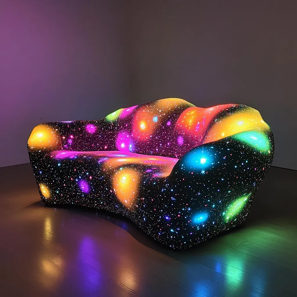 A uniquely designed sofa, seemingly upholstered in a dark fabric, is illuminated by embedded lights.  These lights create a vibrant nebula effect, with multicolored stars and galaxies depicted across its curved form. The sofa's organic shape and cosmic design blend to create a striking piece of contemporary furniture art.  It rests on a polished wooden floor, reflecting the colorful light.