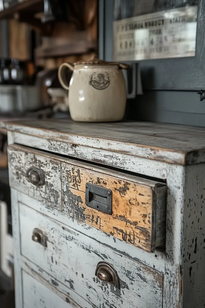 A rustic, multi-drawer dresser with a distressed light gray finish sits atop a surface.  The drawers show signs of wear and age, with visible wood grain and patches of different colors. A vintage ceramic pitcher rests on the dresser's top. The overall aesthetic is vintage and charming, suggesting a repurposed or antique piece of furniture.