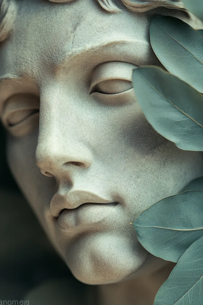 A close-up shot of a classical sculpture's face, partially obscured by verdant leaves. The serene expression and detailed features of the stone face are emphasized by the contrast with the soft, natural greens.  The image evokes a sense of timeless beauty and the fusion of nature and art.  The textured surface of the sculpture is visible, highlighting the artistry of its creation.