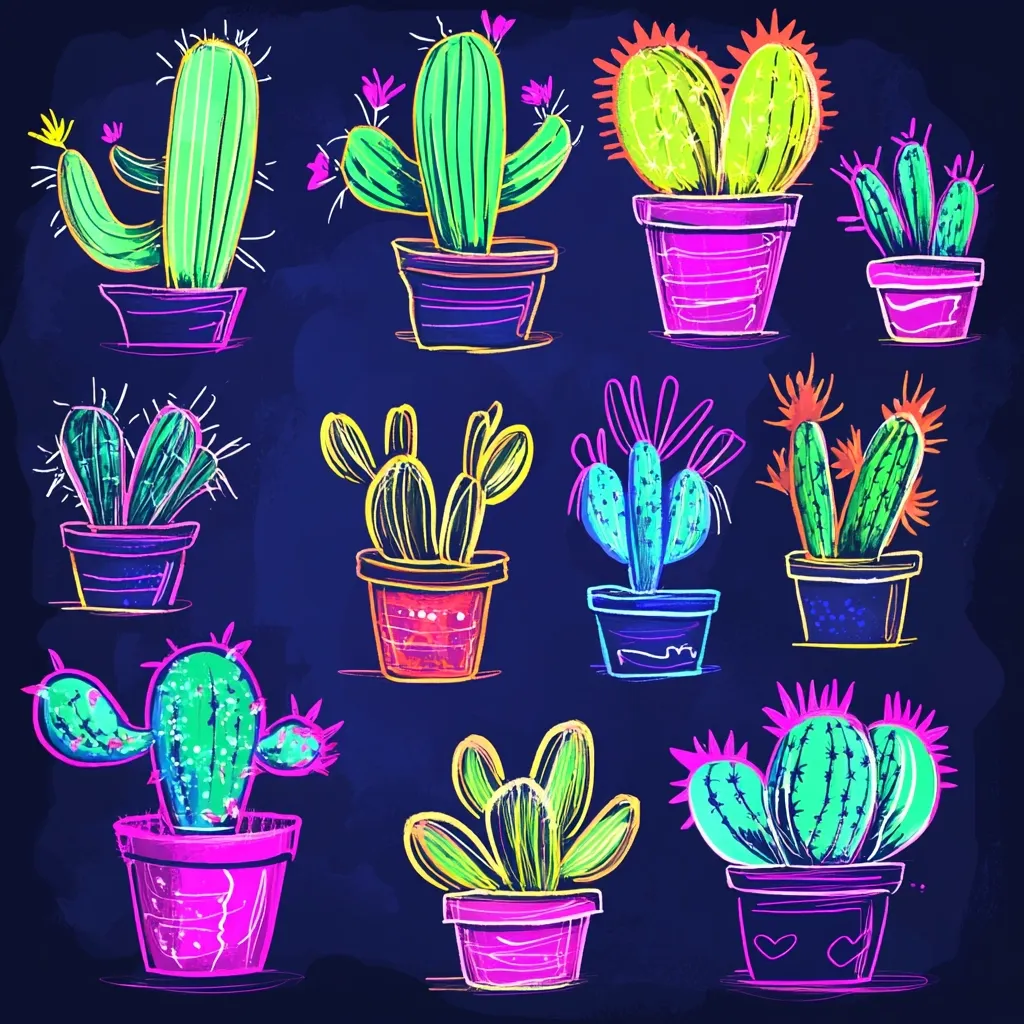 A vibrant collection of twelve cacti in colorful pots, rendered in a hand-drawn style.  The cacti vary in shape, size, and color, with neon hues dominating the palette.  The dark background accentuates the bright, almost glowing cacti, creating a visually striking and playful arrangement.  The style is reminiscent of crayon or marker drawings, with a slightly rough, textured effect.