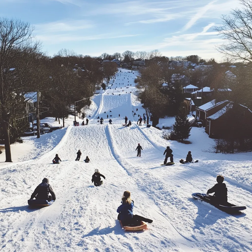 A snowy hill, lined with houses, is alive with activity as numerous people sled down its two groomed lanes.  Children and adults, some alone and others in groups, enjoy the winter pastime.  The sun shines brightly on the snow-covered scene, creating long shadows. Trees stand tall on either side of the hill, a picturesque winter wonderland.