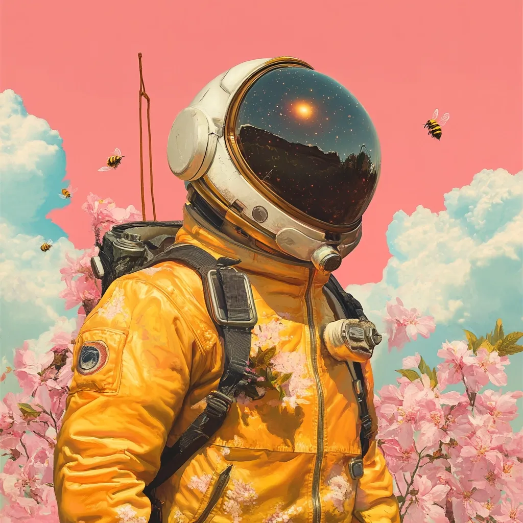 An astronaut in a vibrant yellow spacesuit adorned with cherry blossoms stands against a pastel pink sky.  The helmet's visor reflects a sunlit landscape and stars.  Bees flutter nearby, creating a surreal juxtaposition of space exploration and springtime nature.  The overall style is digitally painted, with a dreamlike, whimsical quality.