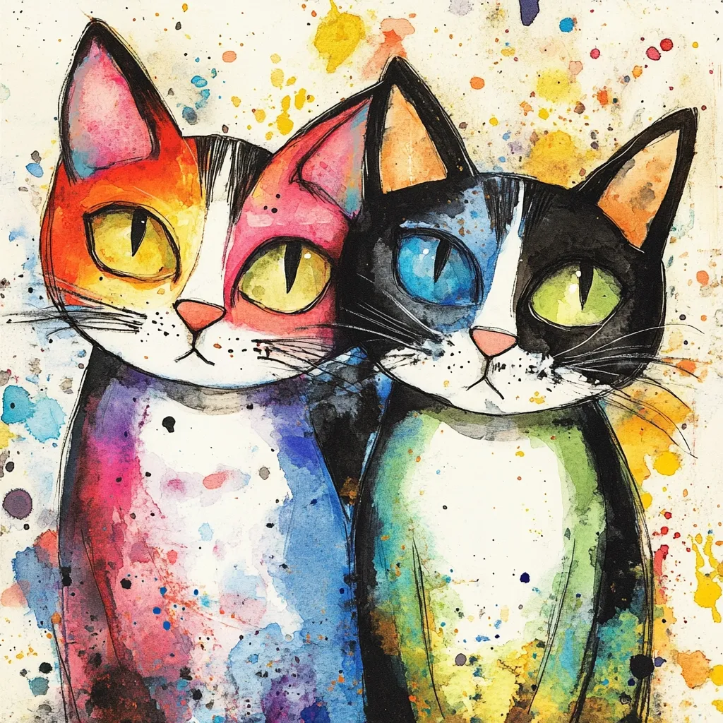 A vibrant watercolor painting showcases two stylized cats nestled together.  The cat on the left is a calico blend of red, pink, and blue, while the cat on the right is a black and white with splashes of green.  Both cats have large, expressive eyes, and the artwork is filled with energetic splatters of color, creating a playful and whimsical atmosphere.  The cats' forms are outlined with bold black ink, contrasting the watercolor washes.