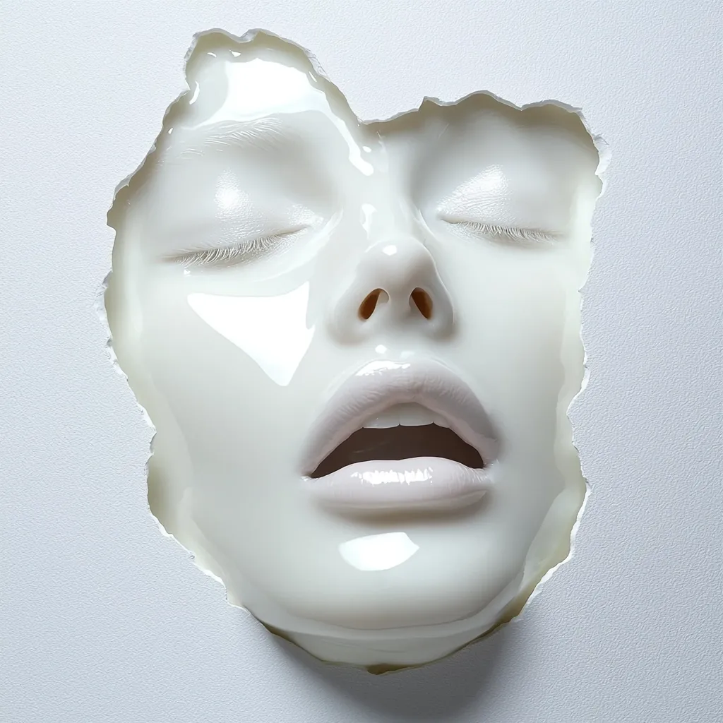 A surreal image depicts a woman's face emerging from a torn white surface.  Her face is covered in a smooth, glossy white substance, eyes closed, and mouth slightly open. The stark contrast between the creamy texture of the face and the matte background creates a striking visual effect, suggesting themes of beauty, transformation, or vulnerability. The overall aesthetic is clean, minimalist, and somewhat unsettling.