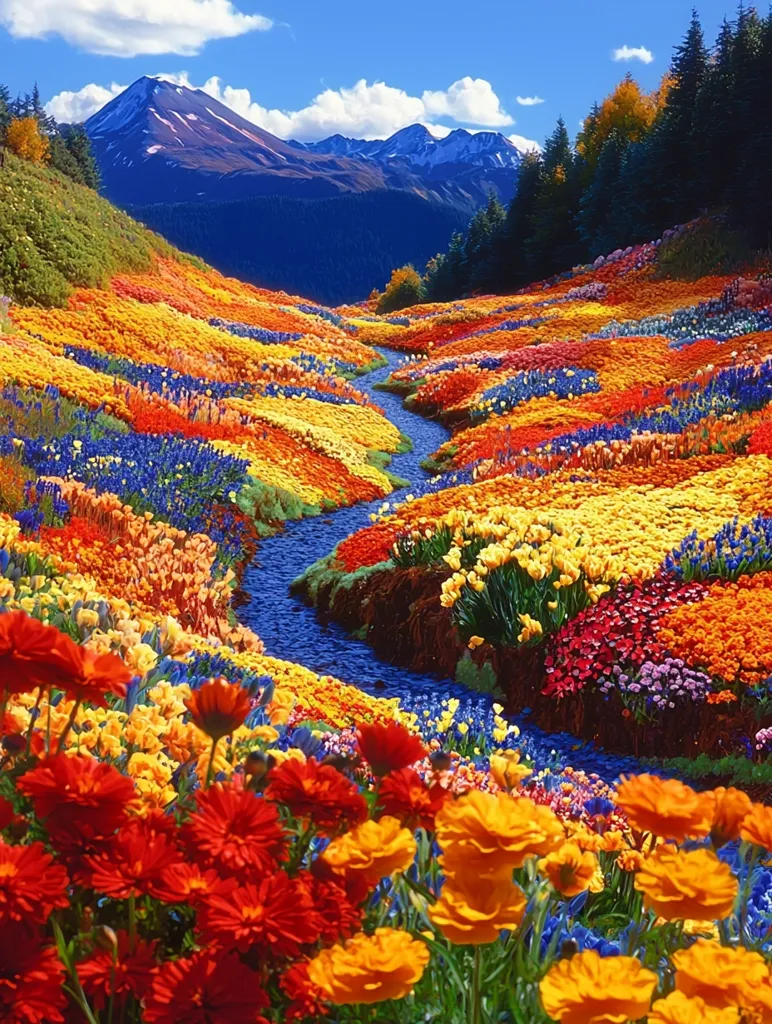 A vibrant, colorful stream flows through a breathtaking valley carpeted in a multitude of flowers.  Reds, oranges, yellows, and blues create a stunning tapestry against the backdrop of majestic snow-capped mountains and a dark green forest.  The scene is idyllic and picturesque, showcasing the beauty of nature at its finest.