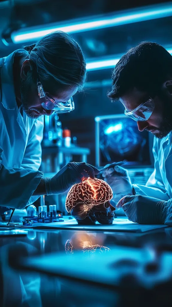 Two scientists in a dimly lit laboratory meticulously examine a model of a human brain.  The brain is highlighted with vibrant, glowing neural pathways. They are wearing protective eyewear and gloves, suggesting advanced research or a medical procedure. The scene is dramatic and emphasizes the complexity and mystery of the human brain.  A cool blue tone pervades the image.