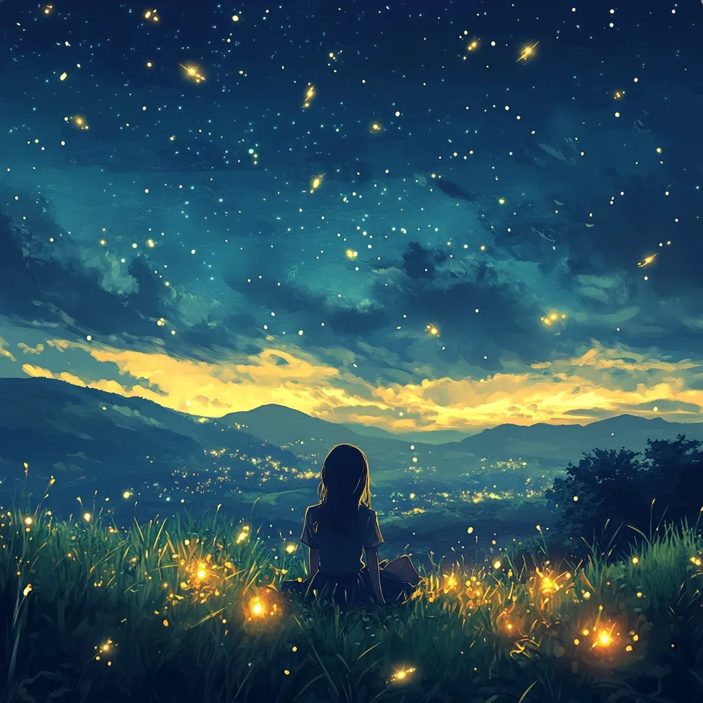 A lone girl sits in a field of glowing fireflies, gazing at a breathtaking vista.  The night sky is alive with countless stars and shooting stars, illuminating a valley speckled with distant town lights.  Mountains softly rise in the background, creating a serene and magical atmosphere. The artwork evokes feelings of peace and wonder.