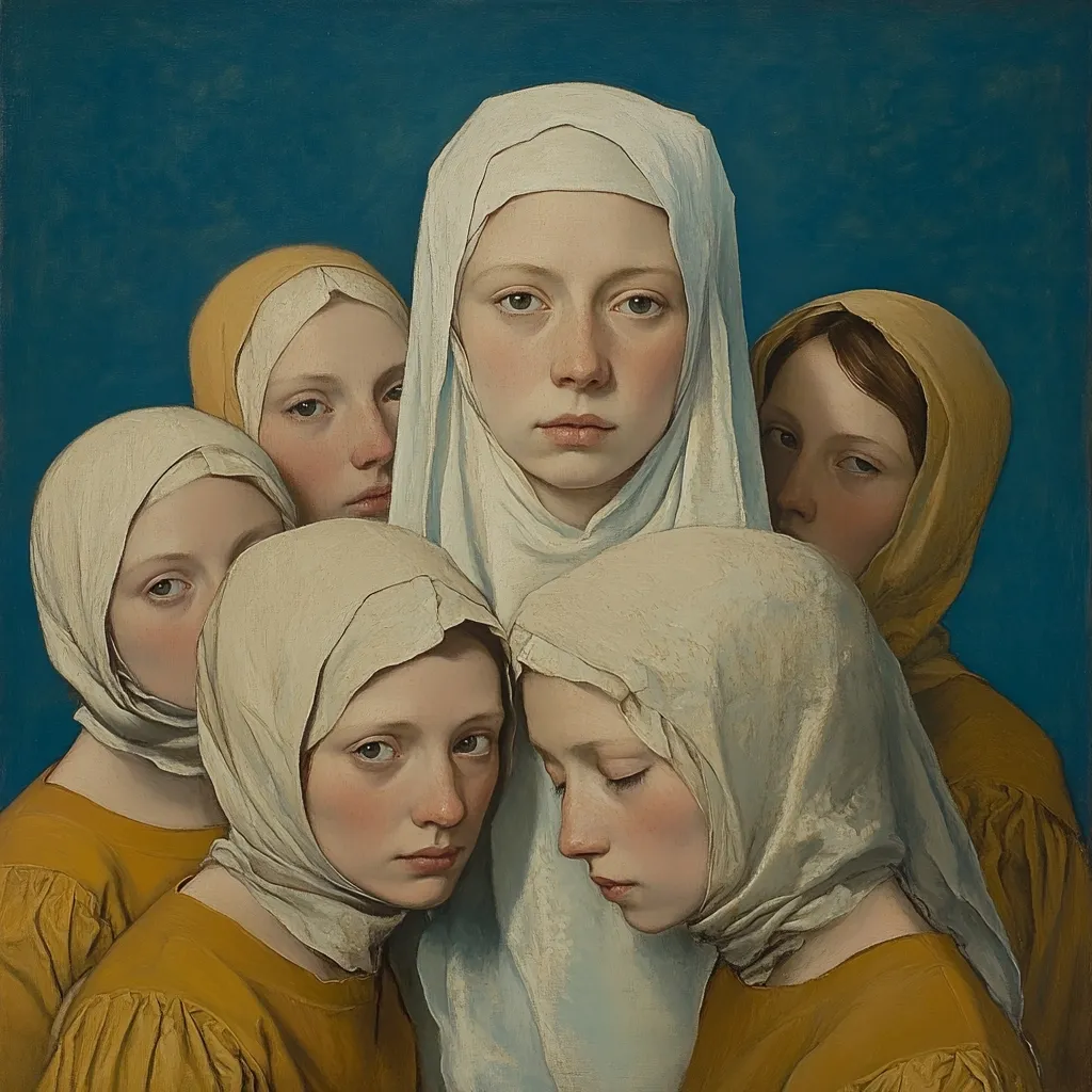 A painting depicts five young women, their faces partially obscured by head coverings.  The central figure, wearing a white veil, is the focal point, her expression serene. The surrounding women, in muted yellow dresses and lighter veils, create a sense of unity and mystery. The painting's muted color palette and the women's quiet demeanor evoke a feeling of contemplation and stillness.  The background is a simple, deep blue.