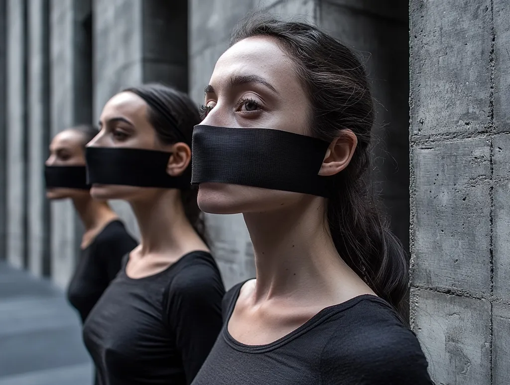 Three women stand in a row, their mouths covered with black tape, silhouetted against a stark grey concrete wall.  They wear identical black, long-sleeved shirts. The image evokes a sense of silencing, oppression, or protest, highlighting the vulnerability and restriction of speech. The somber mood and repetitive composition reinforce the theme of uniformity within suppression.