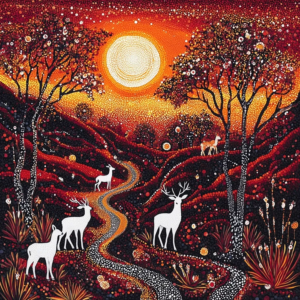 A pointillist painting depicts a winding path through a hilly landscape at sunset.  White deer, silhouetted against a fiery orange and red background, traverse the path under a large, bright moon.  Dark, stylized trees punctuate the scene, adding depth and contrast to the vibrant colors and dotted texture.  The overall impression is one of serene beauty and quiet movement.