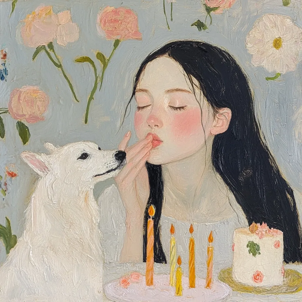 A painting depicts a young girl with long dark hair gently kissing a white dog.  Her eyes are closed, and her cheeks are rosy.  A small birthday cake with lit candles sits before them on a table.  Delicate pink flowers adorn the background, creating a soft and dreamy atmosphere. The style is reminiscent of impressionistic portraiture with visible brushstrokes.