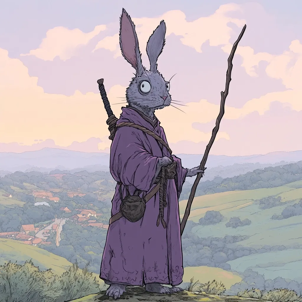 A gray rabbit, clad in a long purple robe, stands on a hilltop overlooking a quaint village nestled in rolling green hills.  The rabbit carries a staff in one hand and a sword strapped to its back.  A small pouch hangs from its belt.  The sky is a soft pastel blend of pink and orange, hinting at dawn or dusk. The overall style is reminiscent of a fantasy illustration or graphic novel.
