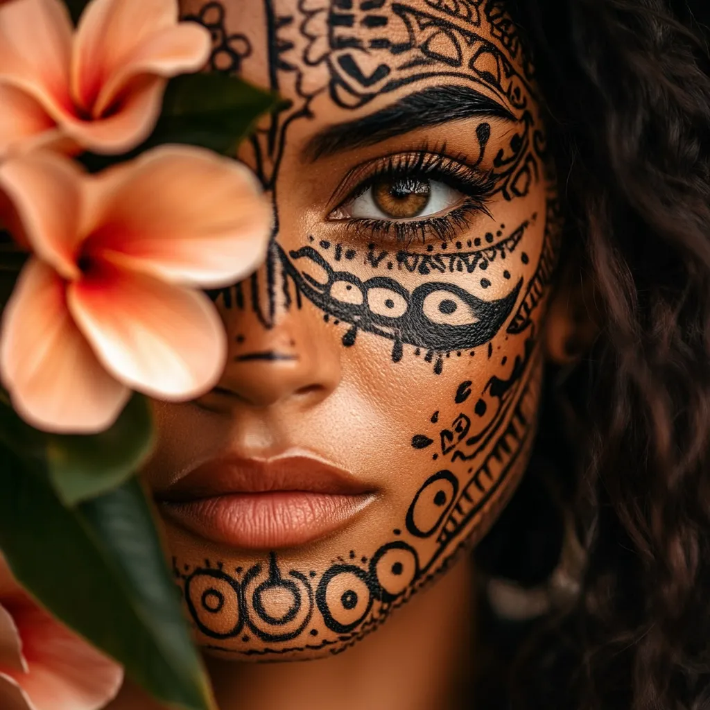 Close-up of a woman's face partially obscured by vibrant orange plumeria blossoms.  Her face is adorned with intricate black tribal-style markings, creating a striking contrast against her warm skin tone. Her dark, curly hair frames her face, and her gaze is intense and captivating. The image evokes a sense of mystery and natural beauty.