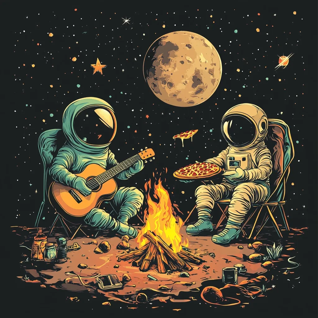 Two astronauts enjoy a campfire on a desolate, alien landscape.  One strums a guitar, while the other savors pizza.  A large moon hangs in the star-studded sky above.  The scene is rendered in a retro, vintage style, evoking a sense of adventure and camaraderie in the vastness of space.  Their camping gear is scattered around the fire, adding to the cozy yet surreal atmosphere.