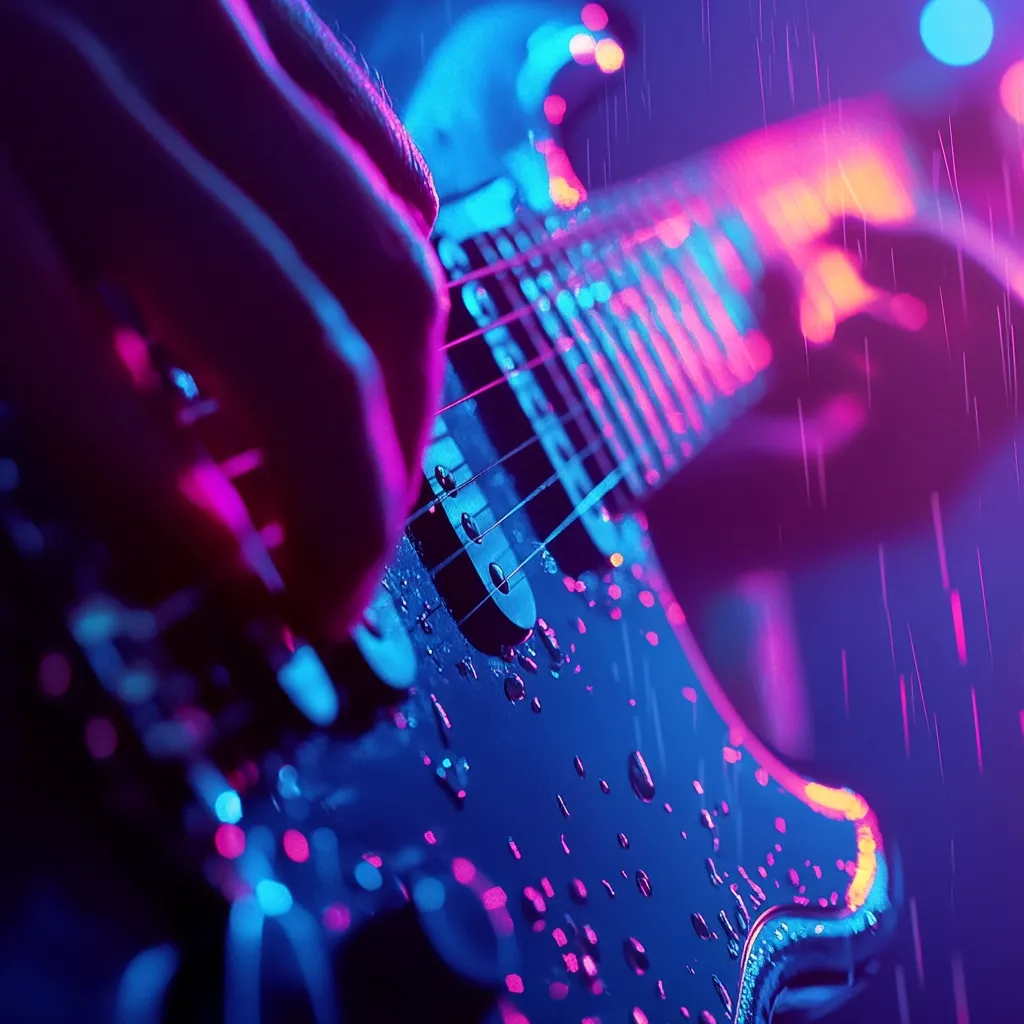 Close-up of hands playing an electric guitar under vibrant pink and blue neon lights.  Rain droplets are visible on the glossy guitar body. The image evokes a feeling of energy and passion, suggesting a live music performance in a dimly lit venue. The focus is on the guitar and the player's hands, emphasizing the intimacy of the musical experience.
