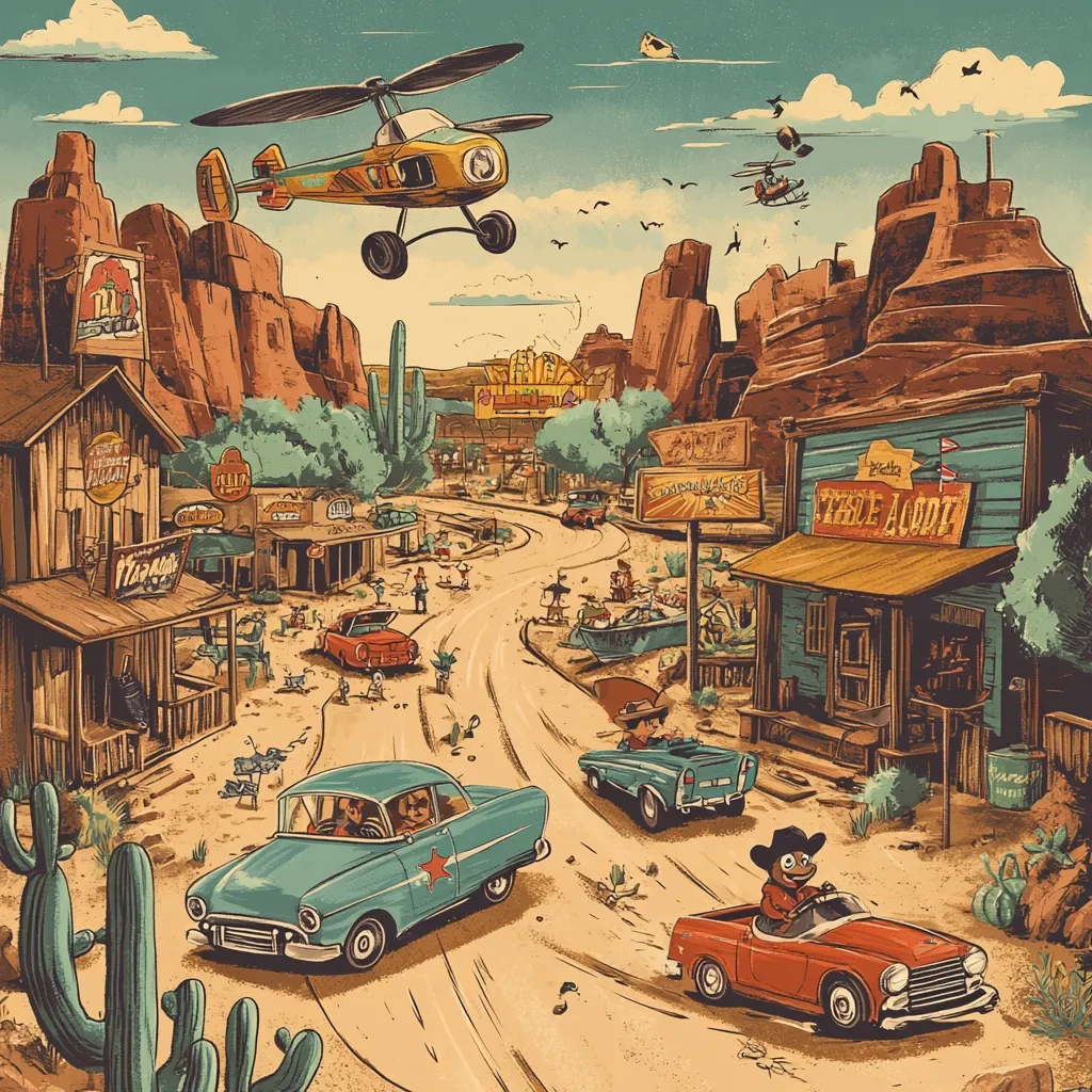 A whimsical illustration depicts a vibrant Wild West town nestled in a rugged desert landscape.  Cars, including a light blue sedan and a red pickup truck driven by cartoonish characters, traverse a dusty road winding through the town.  Buildings boast playful signage, and a yellow helicopter soars overhead.  Cacti and arid vegetation accentuate the desert setting, creating a lively and imaginative scene.