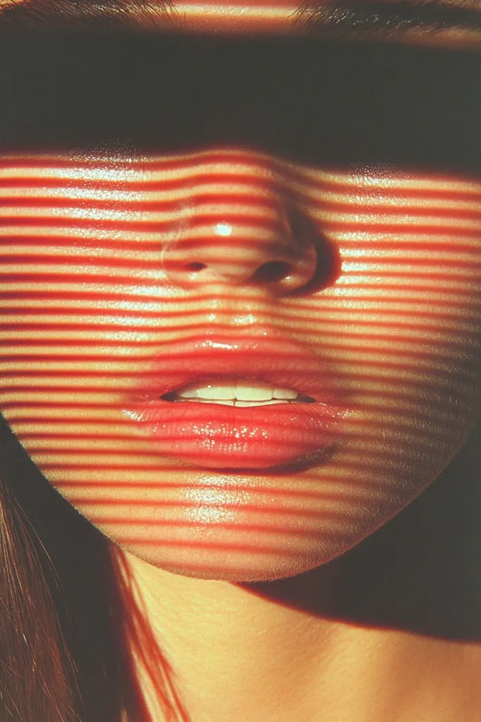 Close-up of a woman's face, partially obscured by horizontal red stripes cast by a venetian blind.  Her lips are full and glossy, her skin is sun-kissed and gleaming.  The image is warm and sensual, highlighting the interplay of light and shadow on her features. The overall aesthetic is vibrant and summery.