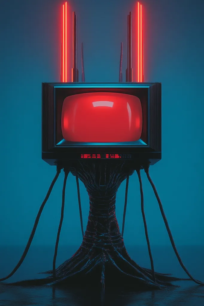 A retro television set with a bright red screen sits atop a bio-organic, dark stand with long, thin legs.  Neon red vertical lines extend from the top of the TV, creating a surreal and slightly unsettling atmosphere. The image is rendered in a dark, teal-blue hue, emphasizing the contrast between the organic base and the technological device. The overall aesthetic is a blend of vintage technology and futuristic, otherworldly design.