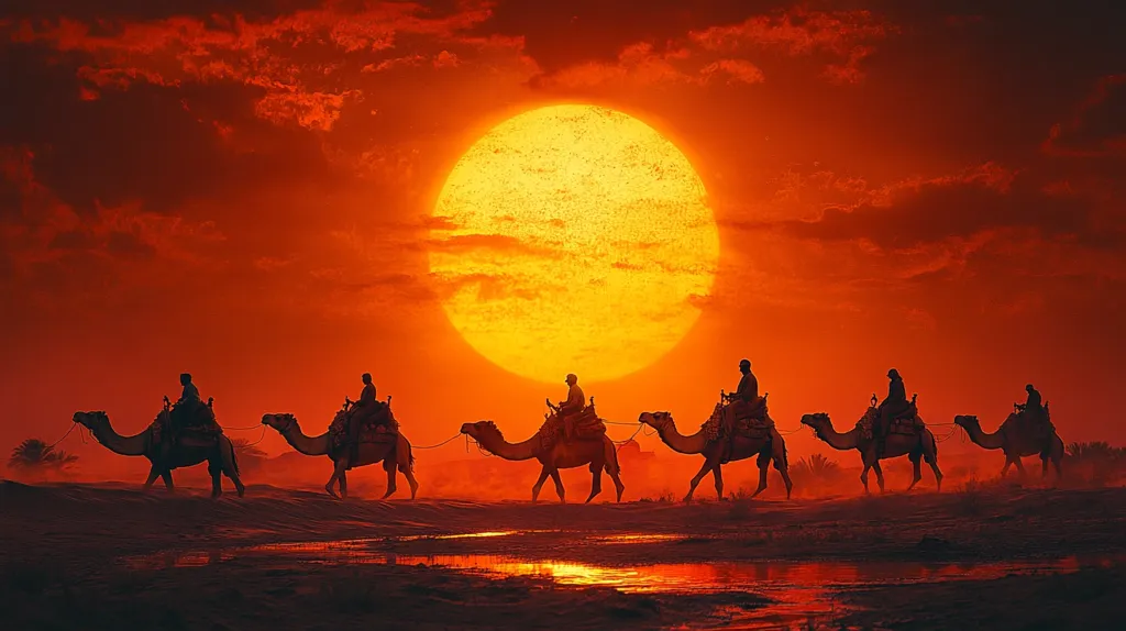 A caravan of camels, each carrying a rider, traverses a desert landscape at sunset.  The enormous, fiery orange sun dominates the sky, casting long shadows and creating a dramatic silhouette effect. The scene evokes a sense of journey, adventure, and the vastness of the desert under a breathtaking sky.  A calm body of water reflects the vibrant sunset.