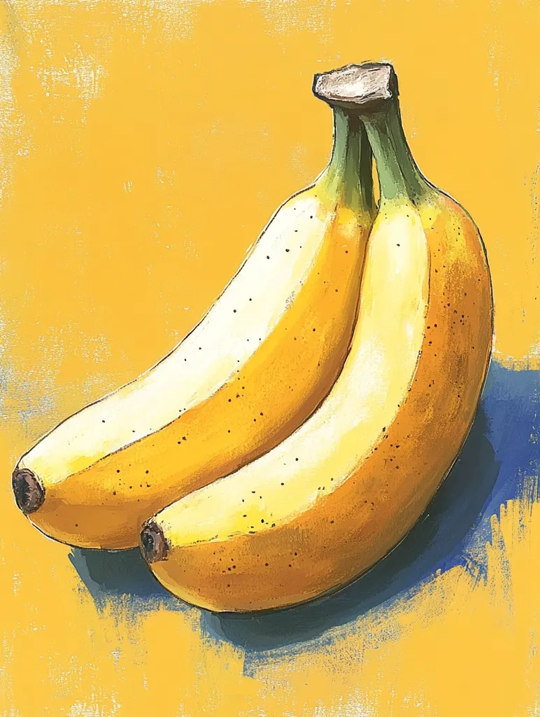 A vibrant painting showcases two ripe bananas nestled together against a sunny yellow background.  The artist uses a textured, almost impasto style, giving the bananas a subtly bumpy surface.  The yellow of the fruit contrasts with the darker green stems and a hint of blue shadow beneath, creating a cheerful, almost minimalist composition.
