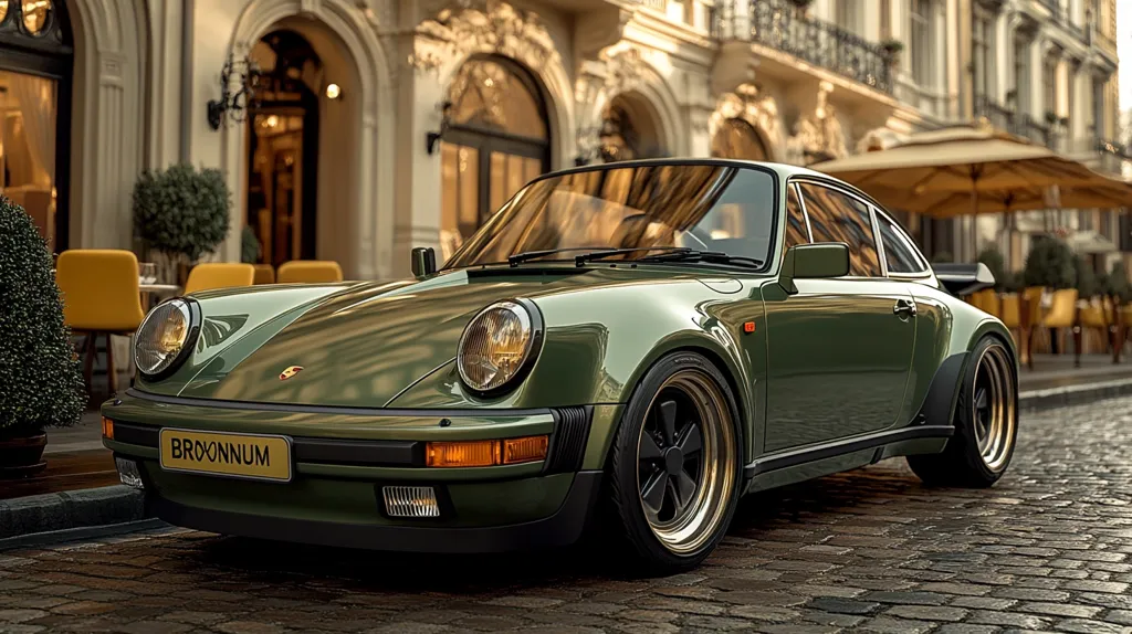 A dark olive green Porsche 911 Turbo (930) is parked on a cobblestone street in front of a European-style building.  The car is highly polished, showcasing its classic lines and gold-rimmed wheels.  A license plate reading "BROONNUM" is visible. The setting suggests a sophisticated, upscale neighborhood, possibly in a European city.  The warm, golden light enhances the overall aesthetic.