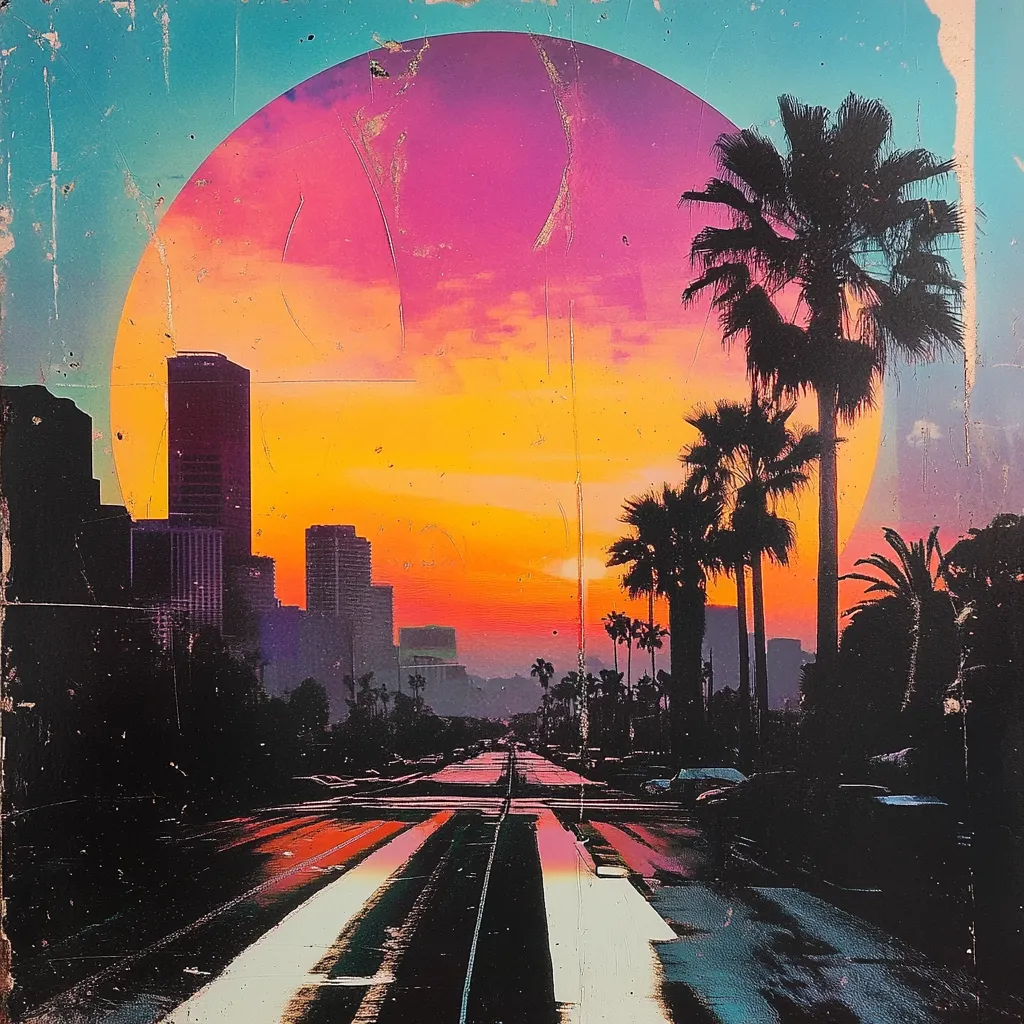 A vibrant, stylized cityscape at sunset.  Silhouetted skyscrapers and palm trees line a wet street, leading towards a large, textured, and colorful circular sun. The artwork has a retro, almost vintage feel, with a distressed texture overlaid on the image.  The colors are bold and saturated, creating a striking visual contrast.