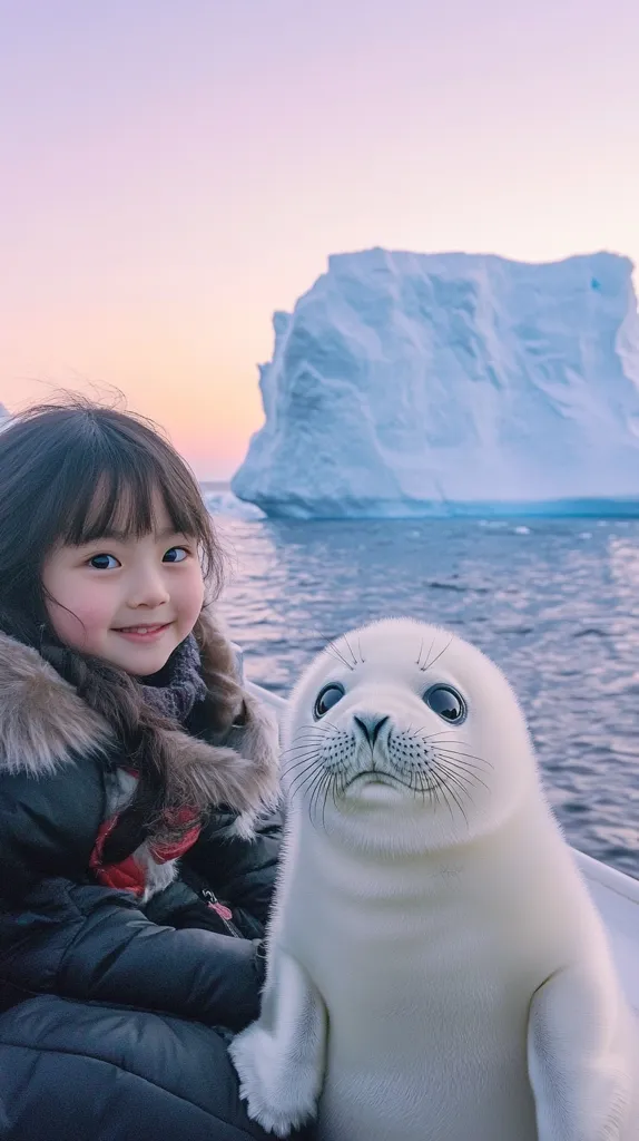 A young girl in a winter coat sits beside a fluffy white seal on a boat.  A large iceberg floats in the background, the water a calm blue.  The scene is serene and peaceful, with a soft pink hue in the sky. The girl and the seal appear to be looking at the camera, creating a heartwarming image.