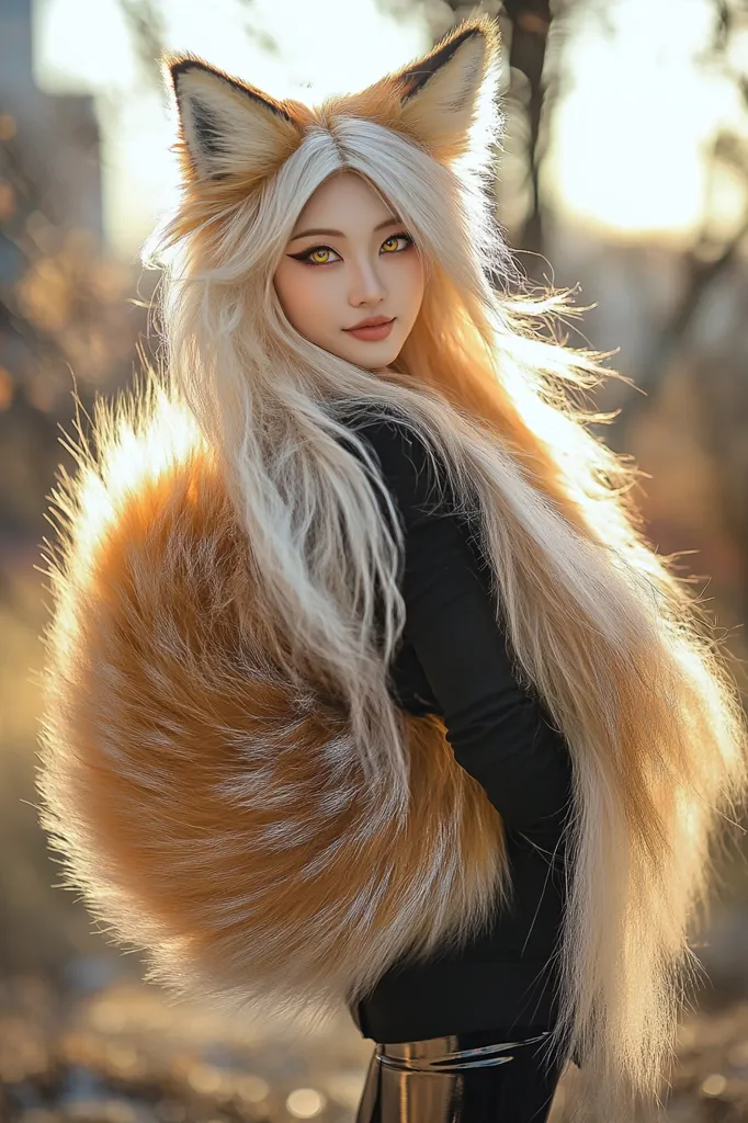 A young woman with long, flowing blonde hair and striking yellow-gold eyes wears a fox tail costume.  The fluffy, reddish-orange tail extends from her back, complementing the fox ear headbands. She's dressed in a black top and shiny black pants, posing outdoors in a sunlit setting. The overall image is stylish and fantastical.