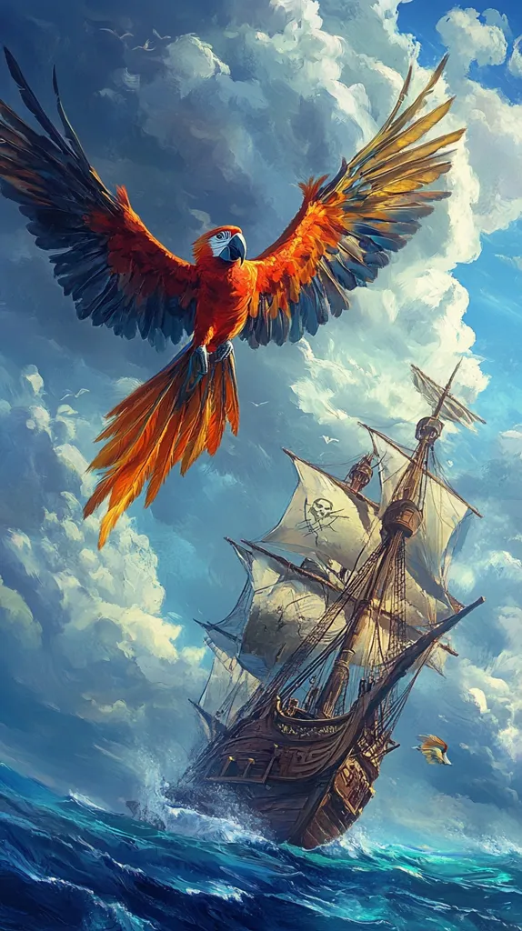 A vibrant scarlet macaw with outstretched wings soars above a majestic pirate ship sailing on a turbulent sea under a dramatic sky.  The ship's sails are billowing, and a skull and crossbones are visible on its main sail. The scene is painted in a vivid, almost fantastical style, blending realism with a touch of magical realism. The parrot's fiery plumage contrasts beautifully with the deep blues and browns of the ocean and vessel.