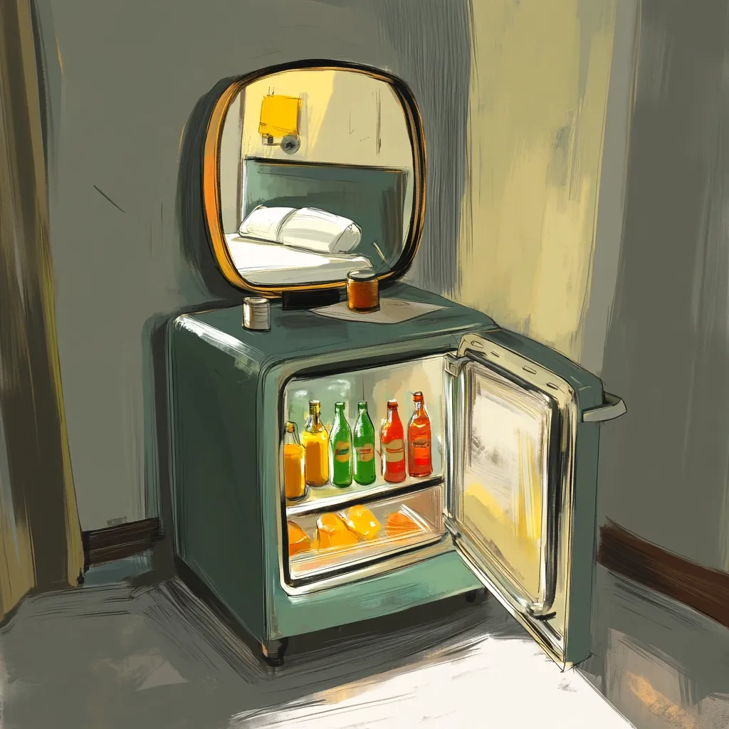 A stylized painting depicts a vintage teal mini-fridge with its door ajar, revealing assorted bottled drinks and what appears to be cheese slices.  Atop the fridge sits a round mirror reflecting a bedroom scene, suggesting a hotel room or similar setting.  The overall style is painterly and slightly impressionistic, with visible brushstrokes and warm, inviting tones.