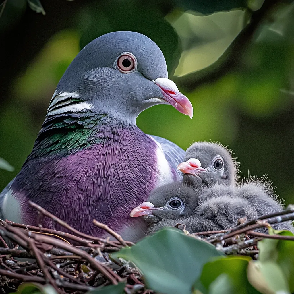 A Wood Pigeon, adorned in iridescent purple and green feathers, tenderly shelters its two fluffy grey chicks nestled within a twiggy nest.  The mother's watchful eye and the chicks' downy softness create a heartwarming image of parental care amidst a vibrant green backdrop.  The scene is intimate, showcasing the delicate bond between parent and offspring in their natural habitat.