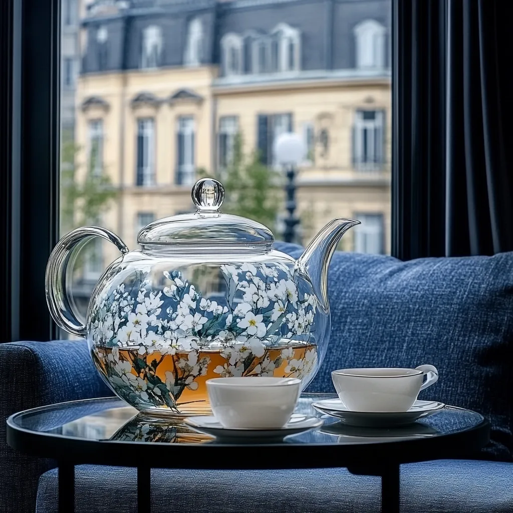 A glass teapot, adorned with a floral design, sits on a round table beside a window overlooking a city.  The teapot is filled with a light brown liquid, possibly tea, and two teacups and saucers are placed nearby. The scene is serene and suggests a moment of quiet relaxation.  A comfortable blue armchair is partially visible in the foreground.
