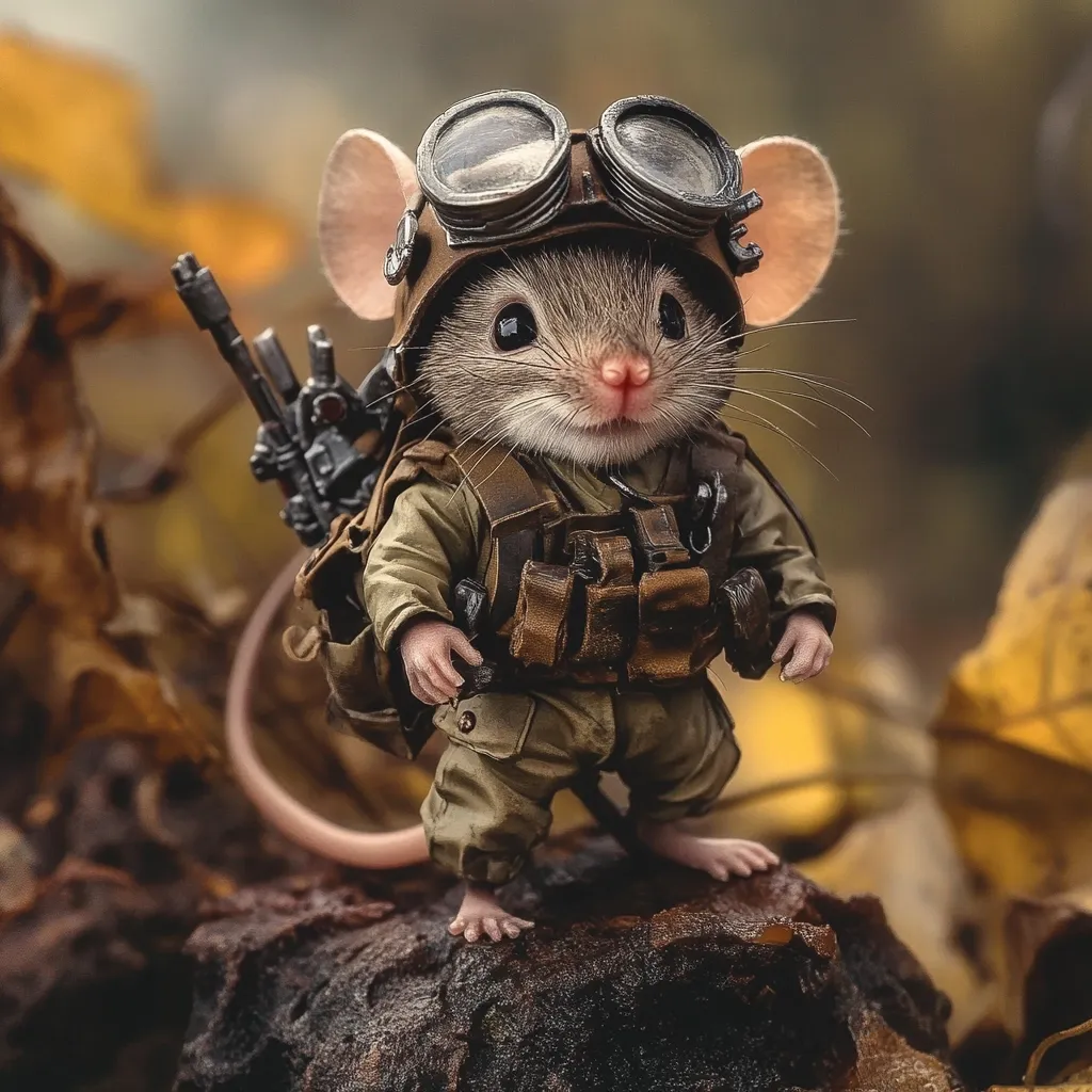 A tiny mouse, dressed in a miniature military uniform, stands on a rock.  It wears goggles and carries a backpack and what appears to be a small weapon. The setting suggests an autumnal forest floor, with fallen leaves surrounding the brave little soldier.  The image is highly detailed and creates a whimsical, almost surreal effect.
