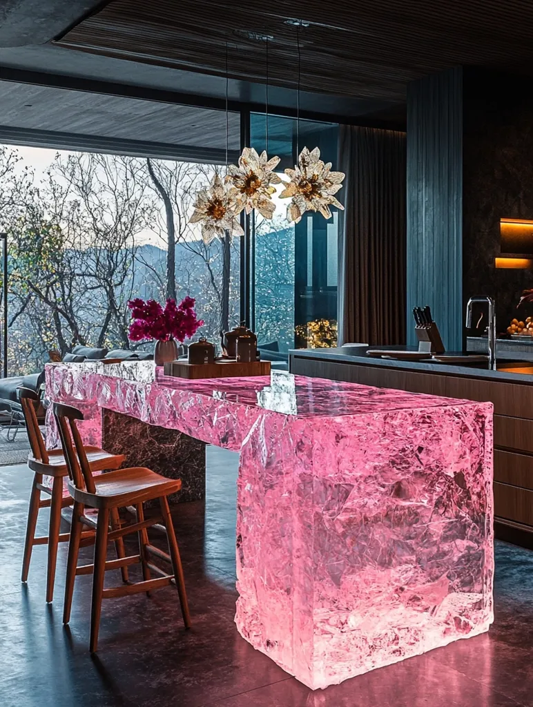 A modern kitchen features a stunning pink illuminated quartz countertop island.  Three delicate, floral-shaped light fixtures hang above.  Wooden bar stools surround the island, which is set against a backdrop of large windows overlooking a scenic view of trees and mountains.  The overall aesthetic is luxurious and minimalist.