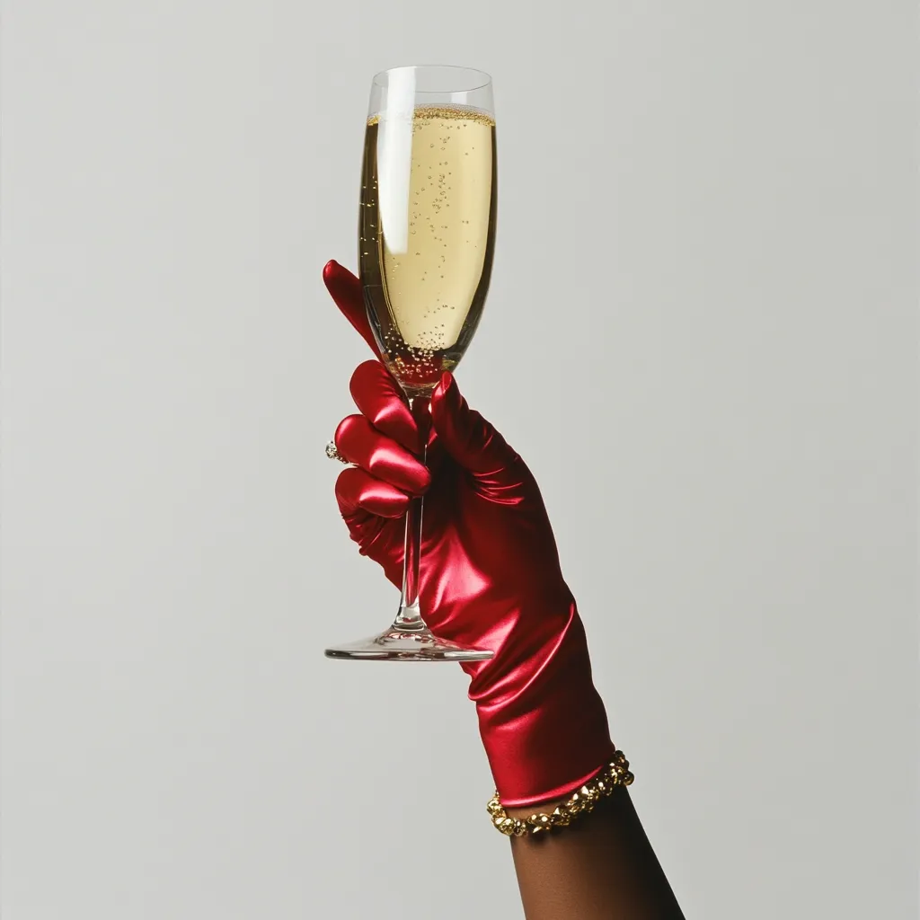 A hand adorned with a red satin glove elegantly holds a champagne flute filled with sparkling wine.  The background is a simple, light grey, focusing attention on the rich color of the glove and the celebratory drink. A gold bracelet and ring add subtle detail to the scene.  The image exudes sophistication and glamour.