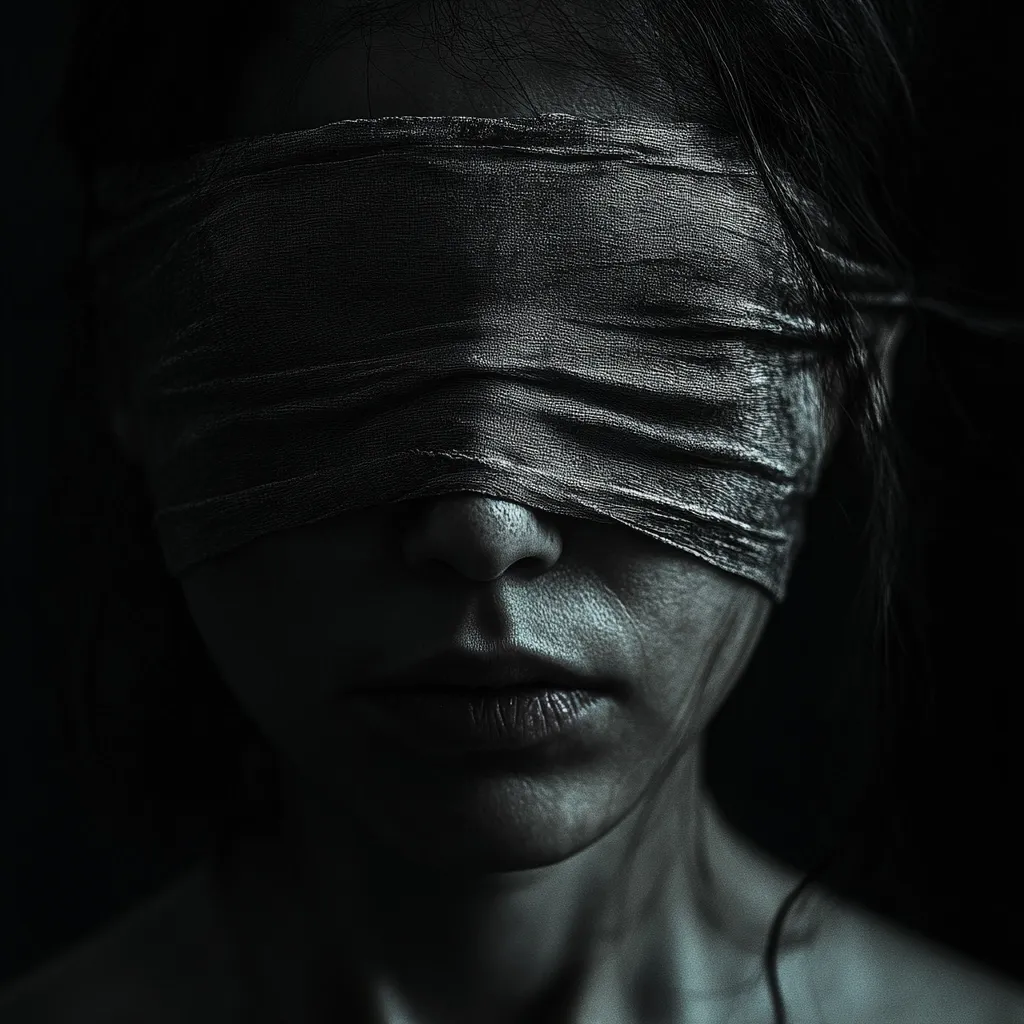 A close-up, darkly lit portrait of a woman's face. Her eyes are completely covered by a thick, textured blindfold, obscuring her vision.  The fabric's texture and the shadowed features of her face create a mysterious and somewhat unsettling mood.  The overall tone is dark and moody, suggesting themes of secrecy, vulnerability, or imprisonment.