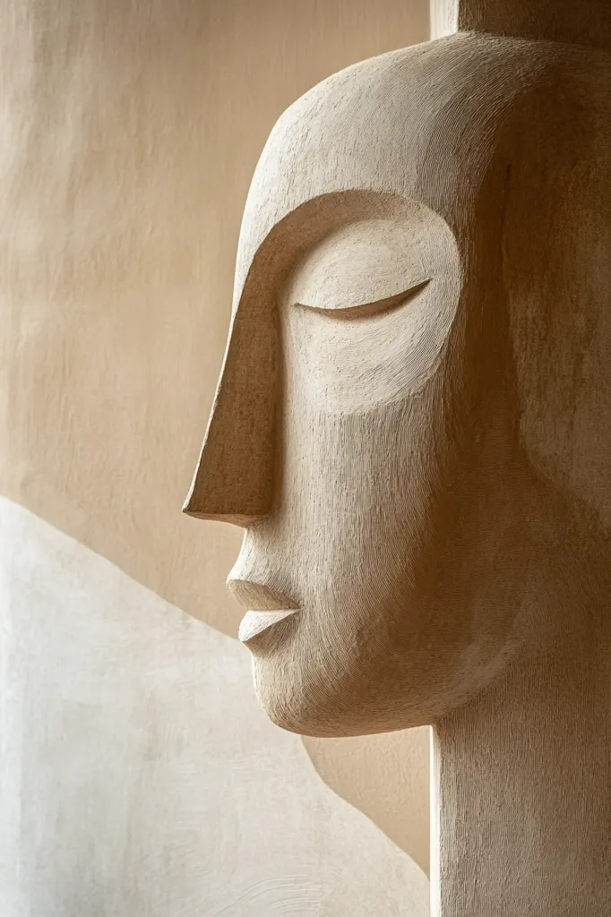 A close-up view of a serene, light beige wood carving depicting a stylized human head in profile. The sculpture is minimalist, emphasizing smooth curves and a peaceful expression with eyes gently closed.  The carving's texture is visible, suggesting a hand-crafted quality.  It's set against a textured, similarly toned wall.