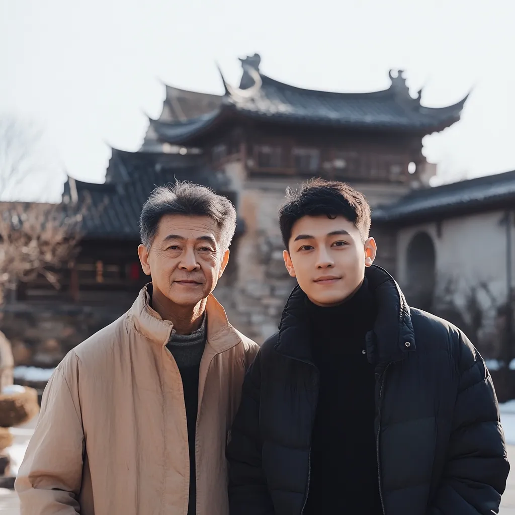 Two men stand outdoors, posing for a photo. The older man, with graying hair, wears a tan jacket.  The younger man, with dark hair, wears a black puffer jacket over a turtleneck.  An ancient Chinese-style building forms a blurred backdrop. The image suggests a familial connection, perhaps father and son.  The setting is serene and atmospheric.