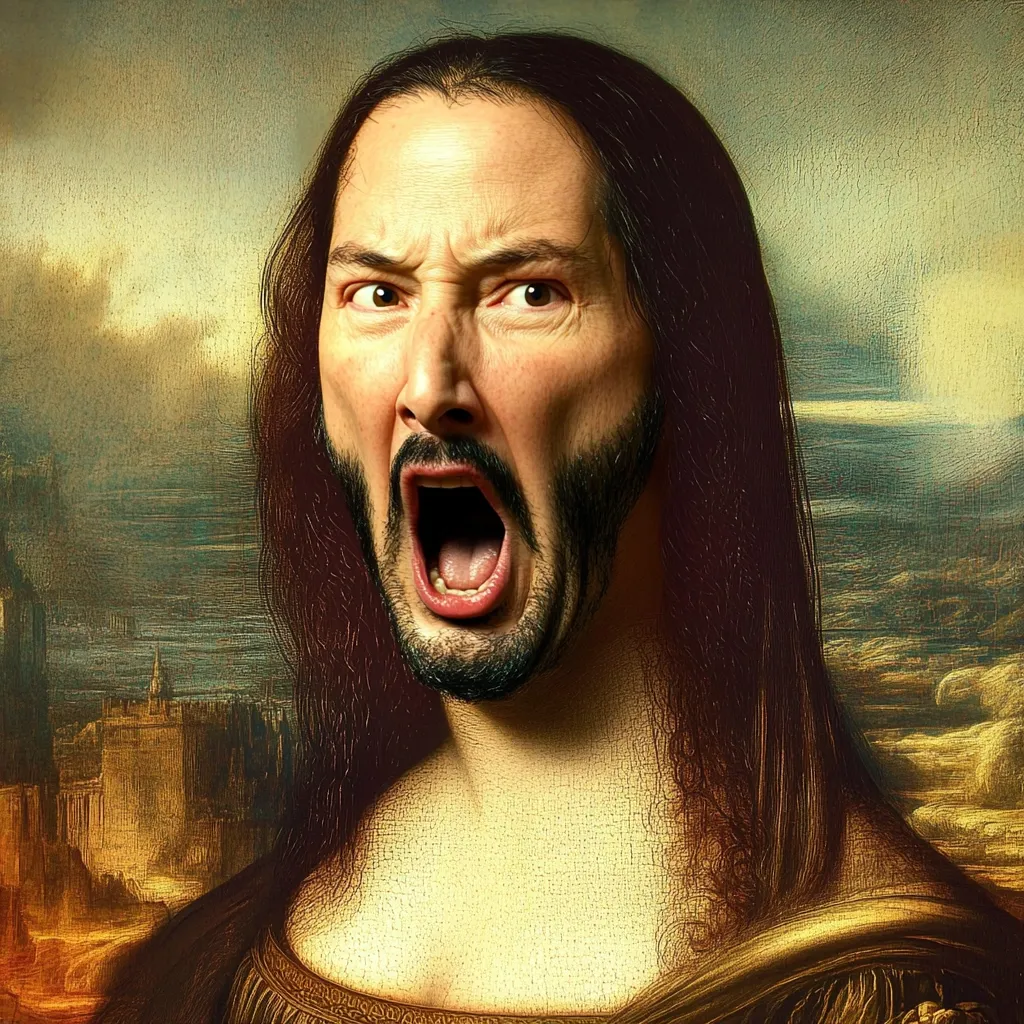 A digital artwork depicts Keanu Reeves' face superimposed onto the Mona Lisa's body.  Reeves' expression is one of wide-mouthed shock or yelling, a stark contrast to the Mona Lisa's enigmatic smile.  The style mimics the texture and coloring of the original Renaissance painting, creating a humorous and unexpected juxtaposition.  The background features the familiar landscape of the Mona Lisa.