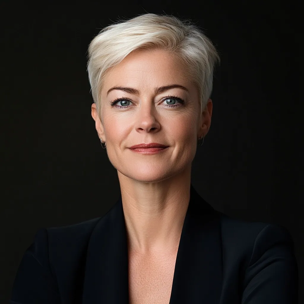 A woman with short, platinum blonde hair and piercing blue eyes stares directly at the camera.  She's wearing a black blazer, and her expression is serious yet approachable. The dark background emphasizes her features and creates a professional, portrait-style image.  Her makeup is subtle, enhancing her natural beauty.