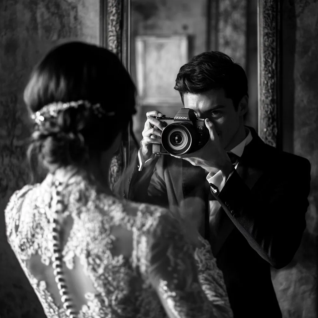 A black and white image shows a man in a tuxedo reflected in a mirror, capturing a bride's back in a stunning lace wedding dress.  He holds a Nikon camera, meticulously composing the shot. The mirror's ornate frame adds a touch of elegance to the scene, highlighting the contrast between the photographer's focus and the bride's serene posture.  The overall mood is sophisticated and romantic.
