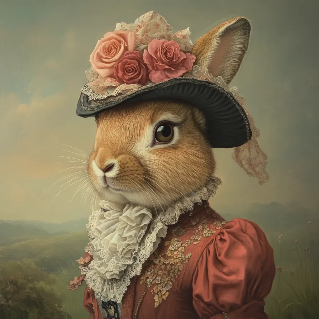A charming portrait of a brown rabbit dressed in elegant 18th-century attire.  The rabbit wears a dark hat adorned with pink roses and lace, a ruffled white collar, and a rust-colored jacket embroidered with floral details. The background suggests a pastoral landscape, enhancing the whimsical, almost aristocratic, feel of the image.  The artistic style is highly realistic, giving the rabbit a dignified and expressive presence.