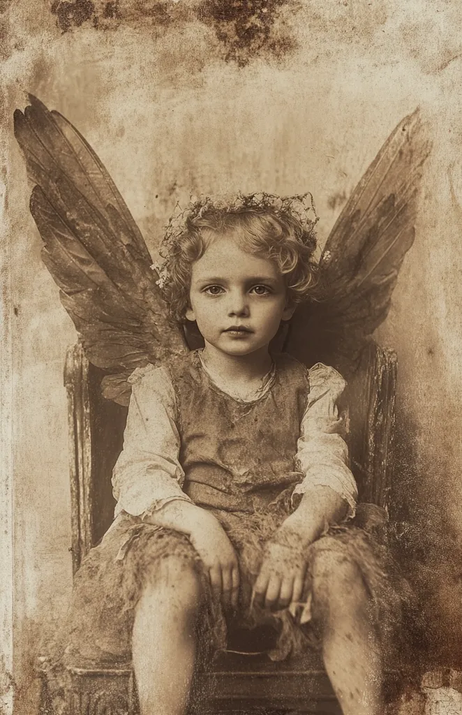 A sepia-toned, antique-style photograph depicts a young girl, seemingly angelic, with large wings.  She wears a tattered dress and a crown of flowers, her expression serious and contemplative. The image is textured, giving the impression of age and fragility, resembling a faded portrait from a bygone era. The overall mood is ethereal and slightly melancholic.