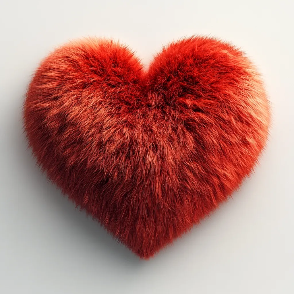 A fluffy, heart-shaped object is shown against a light gray background.  The heart is a deep reddish-orange and appears to be made of fur or a similarly textured material. The texture is full and plush, giving the heart a soft and cuddly appearance.  The image is simple yet evocative of warmth and affection.